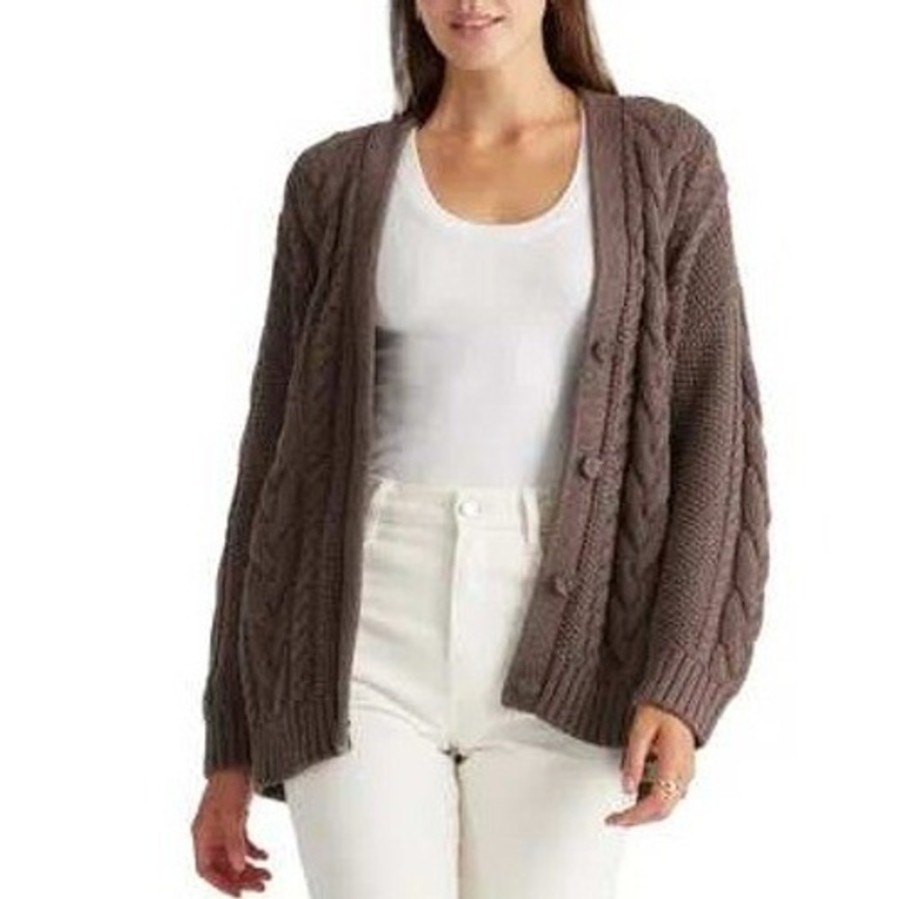 Quince Women S Cardigan Heather Brown 100% Organic Cotton Oversized Cable Knit